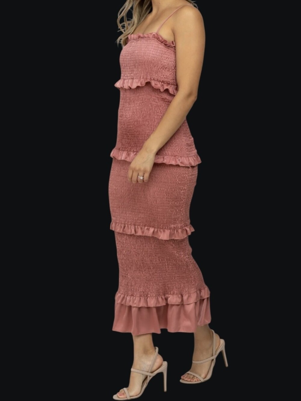 Mable Mauve Smocked Tiered Silky Ruffled Spaghetti Strap Maxi Dress - Size S